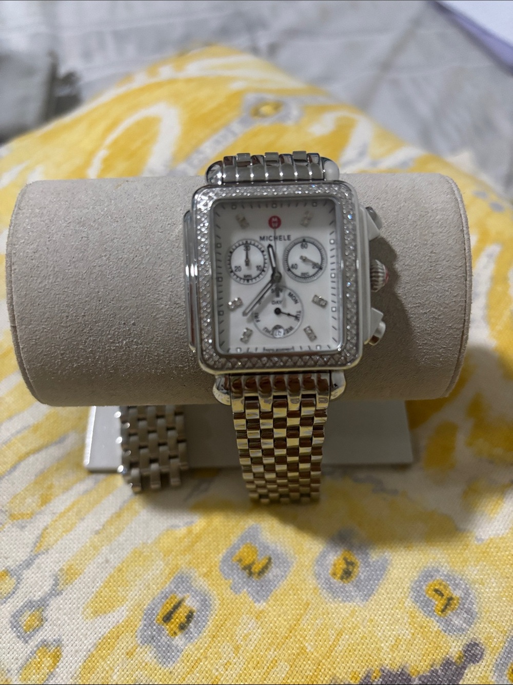 Michele Silver Stainless Steel Square Diamond-Trim Chronograph Watch